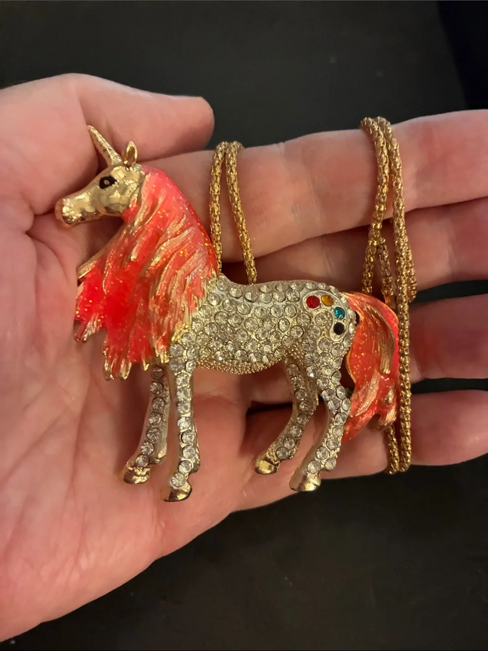 Unicorn Pendant Necklace with Orange Enamel Mane NWOT